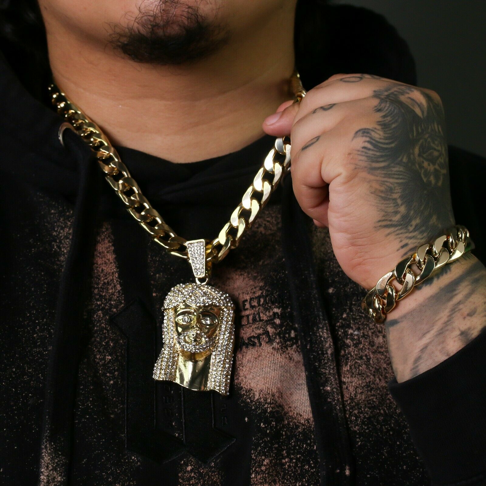 Men's 14k Gold Plated XL Cz Flat Cuban Crown Jesus Pendant 24 Cuban Chain & Bracelet