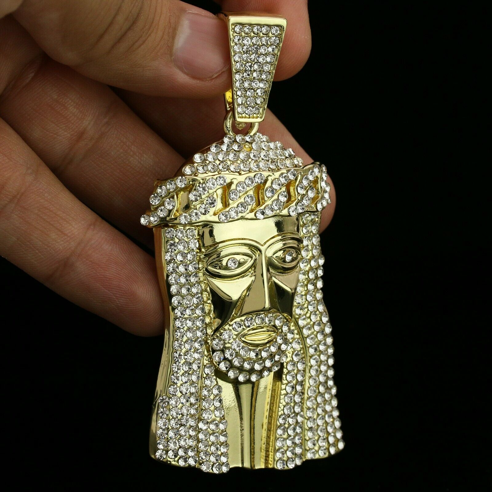 Men's 14k Gold Plated XL Cz Flat Cuban Crown Jesus Pendant 24 Cuban Chain & Bracelet