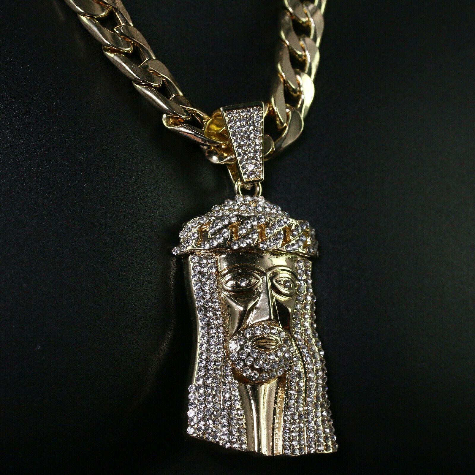 Men's 14k Gold Plated XL Cz Flat Cuban Crown Jesus Pendant 24 Cuban Chain & Bracelet
