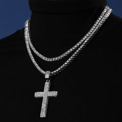 Fully Cubic-Zirconia 3D Cross Pendant Silver Plated ICED Two Tennis 18", 20" Chain