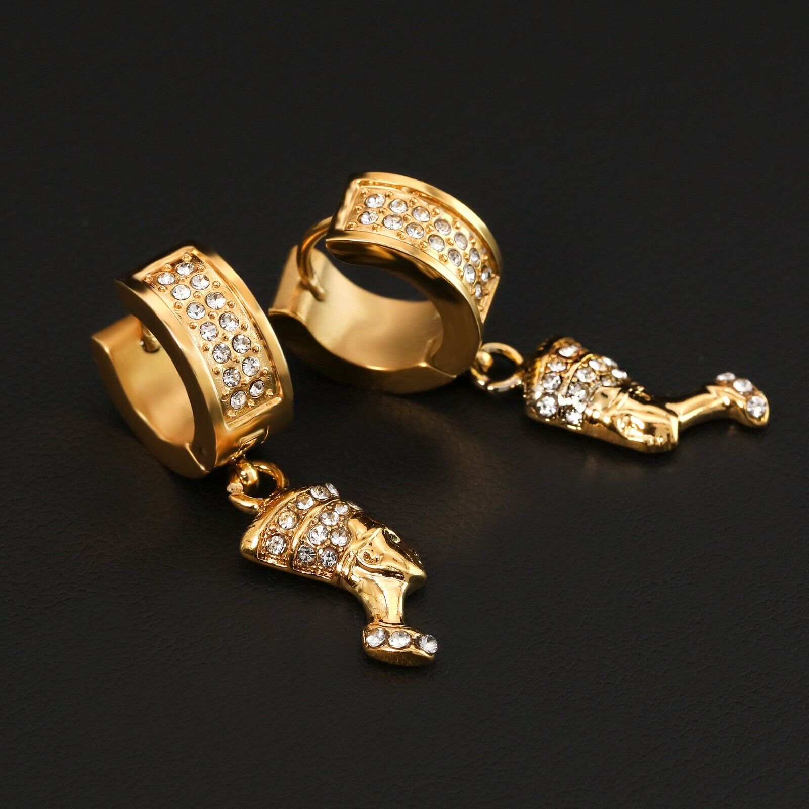 Cubic-Zirconia Gold Stainless Steal 2 Row Nefertiti Egypt HuggieHoop Earrings