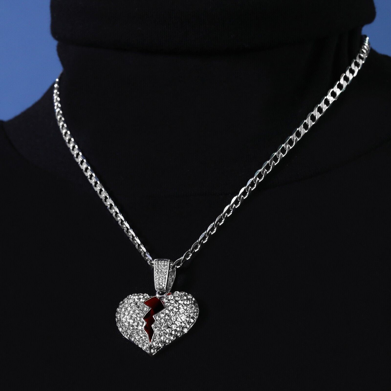 Cubic-Zirconia Broken Heart Pendant Silver Plated Cuban Choker 18" Chain
