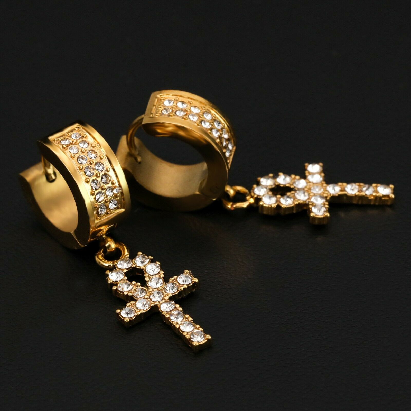 Cubic-Zirconia Gold Stainless Steal 2 Row Ankh Huggie Hoop Dangle Earrings