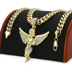 Gold Angel Necklace with Iced-Out CZ Stones & 30" 10mm Cuban Chain – 14K Gold-Plated Hip Hop Pendant