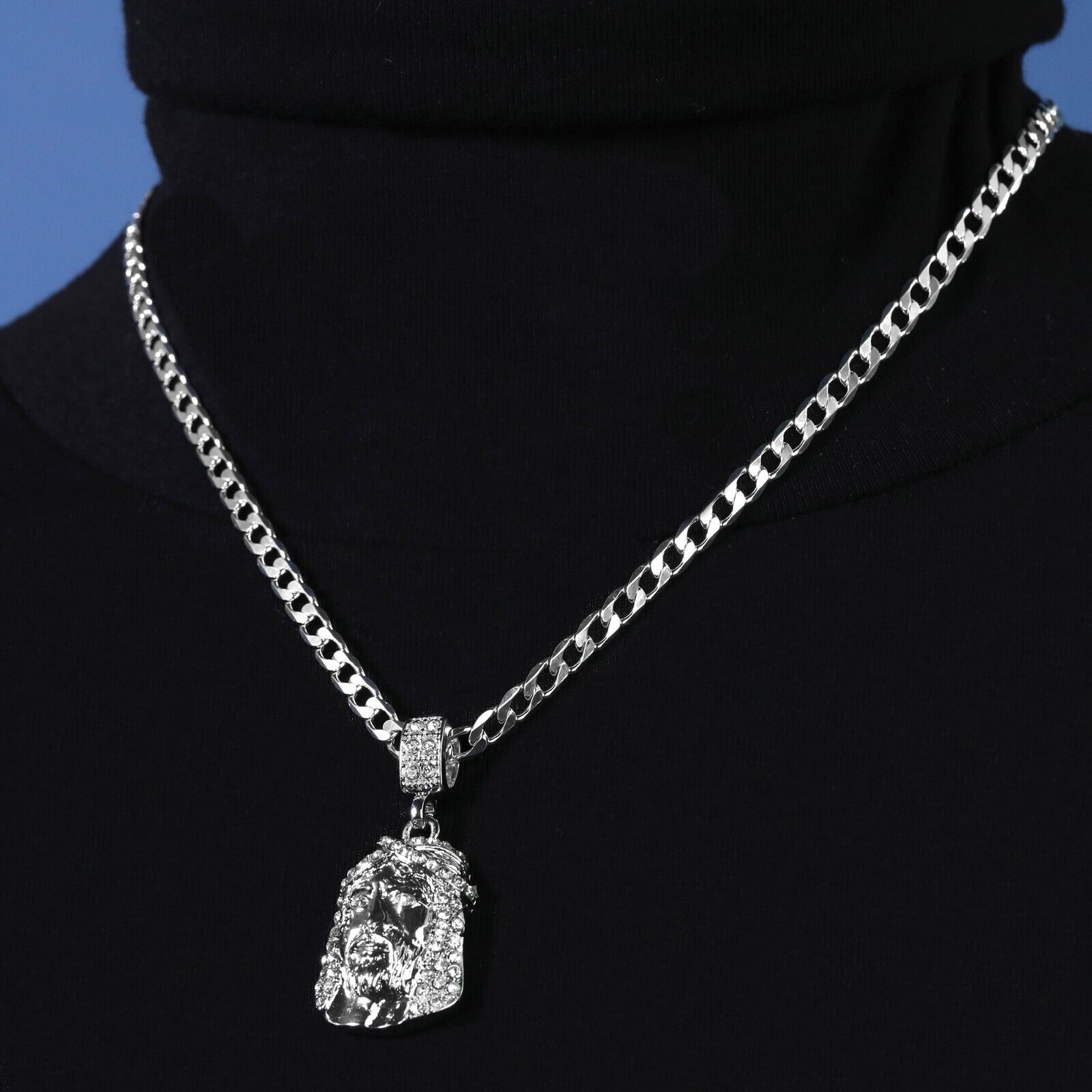 Cubic-Zirconia Jesus Face Pendant Silver Plated Cuban Choker 18" Chain