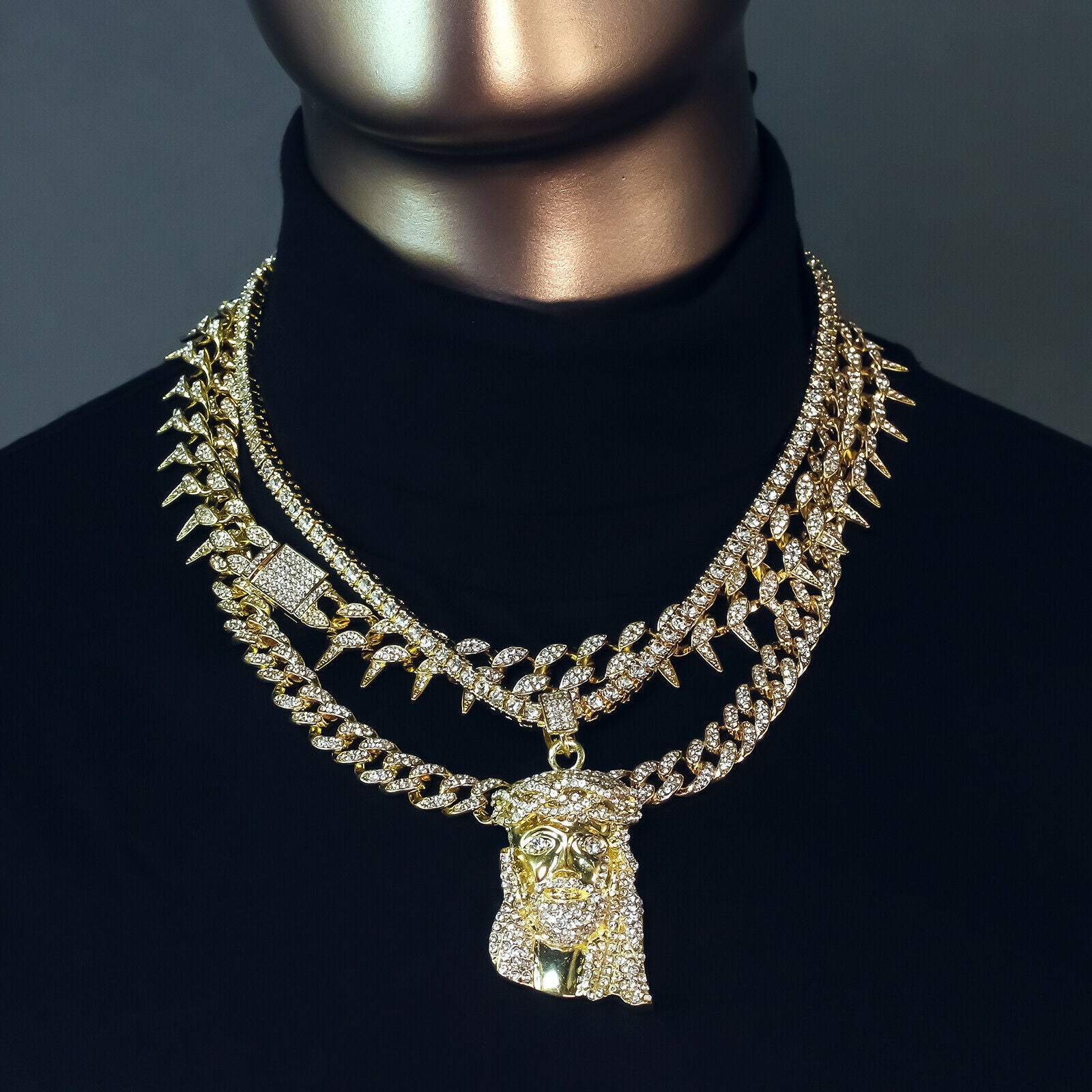 Crown Jesus Piece Cz 4 Pcs Set Exotic Cuban, Tennis & Miami Cuban Chain Bundle Gold PT
