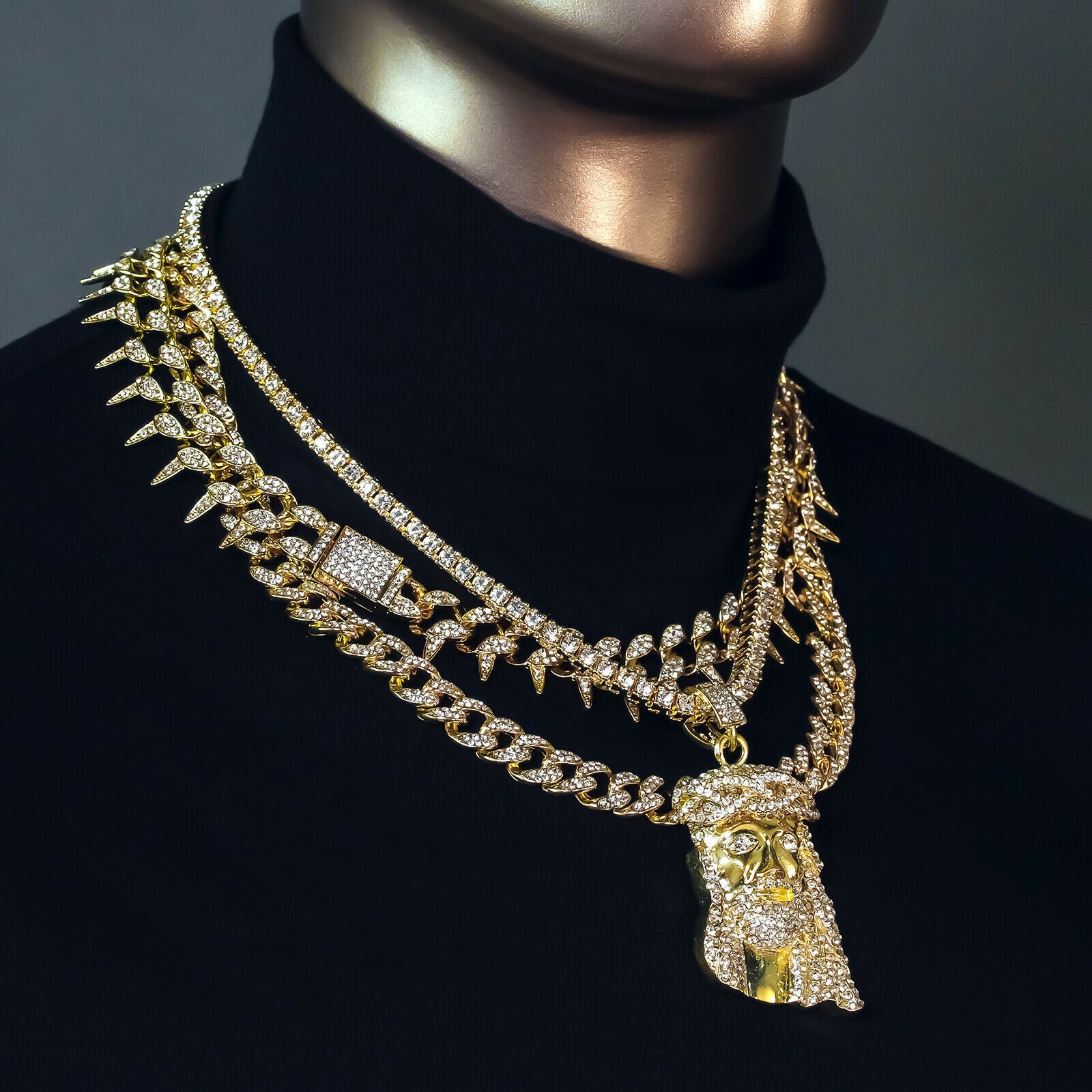 Crown Jesus Piece Cz 4 Pcs Set Exotic Cuban, Tennis & Miami Cuban Chain Bundle Gold PT