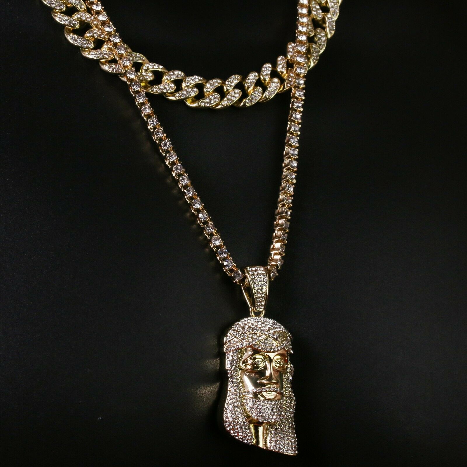 3pc Men's Gold Plated Cz Thick Jesus Face w/ Cz Cuban & Thin Tennis Chain 22"/24
