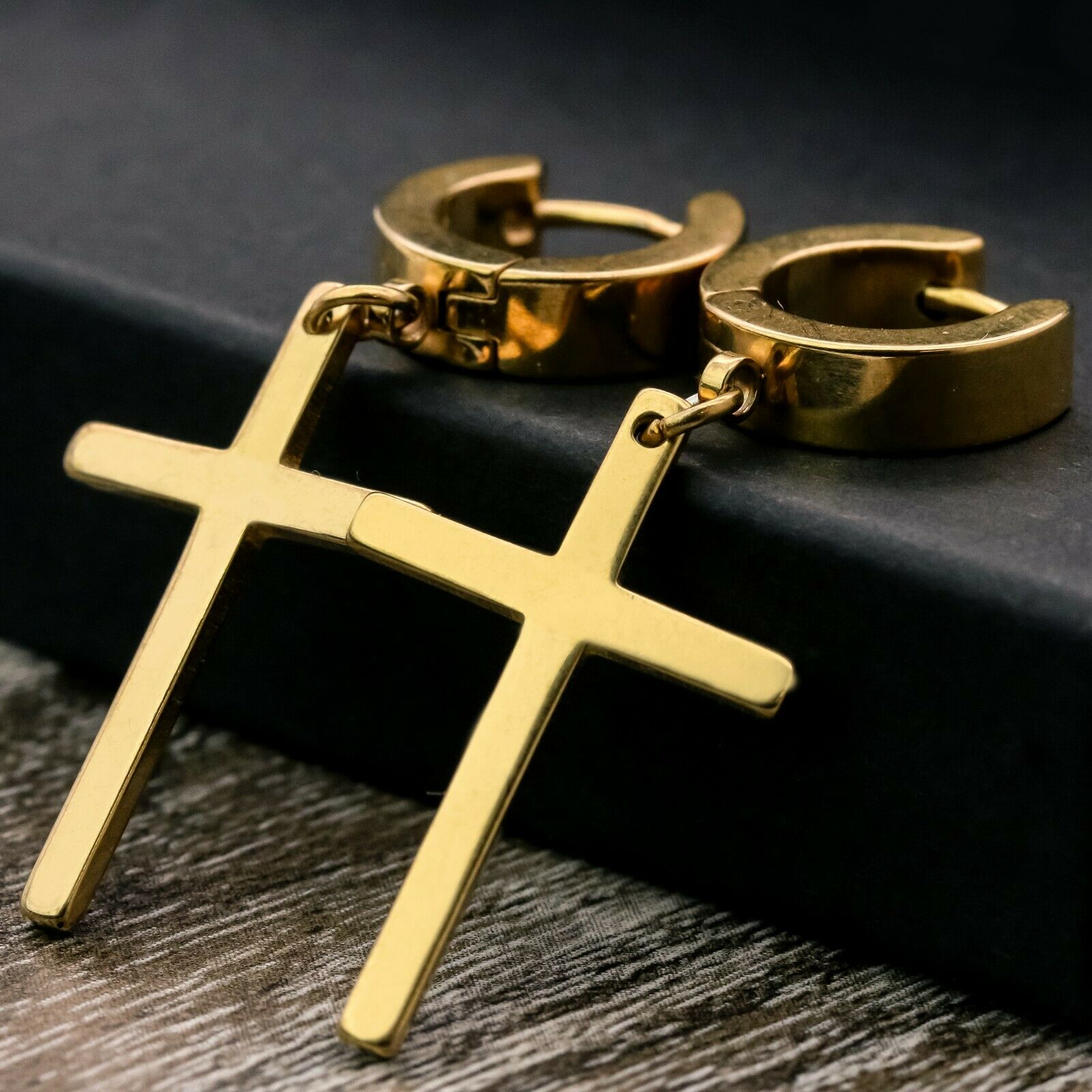 Medium Cross Dangle 18k Gold Stainless Steel Plain Earring