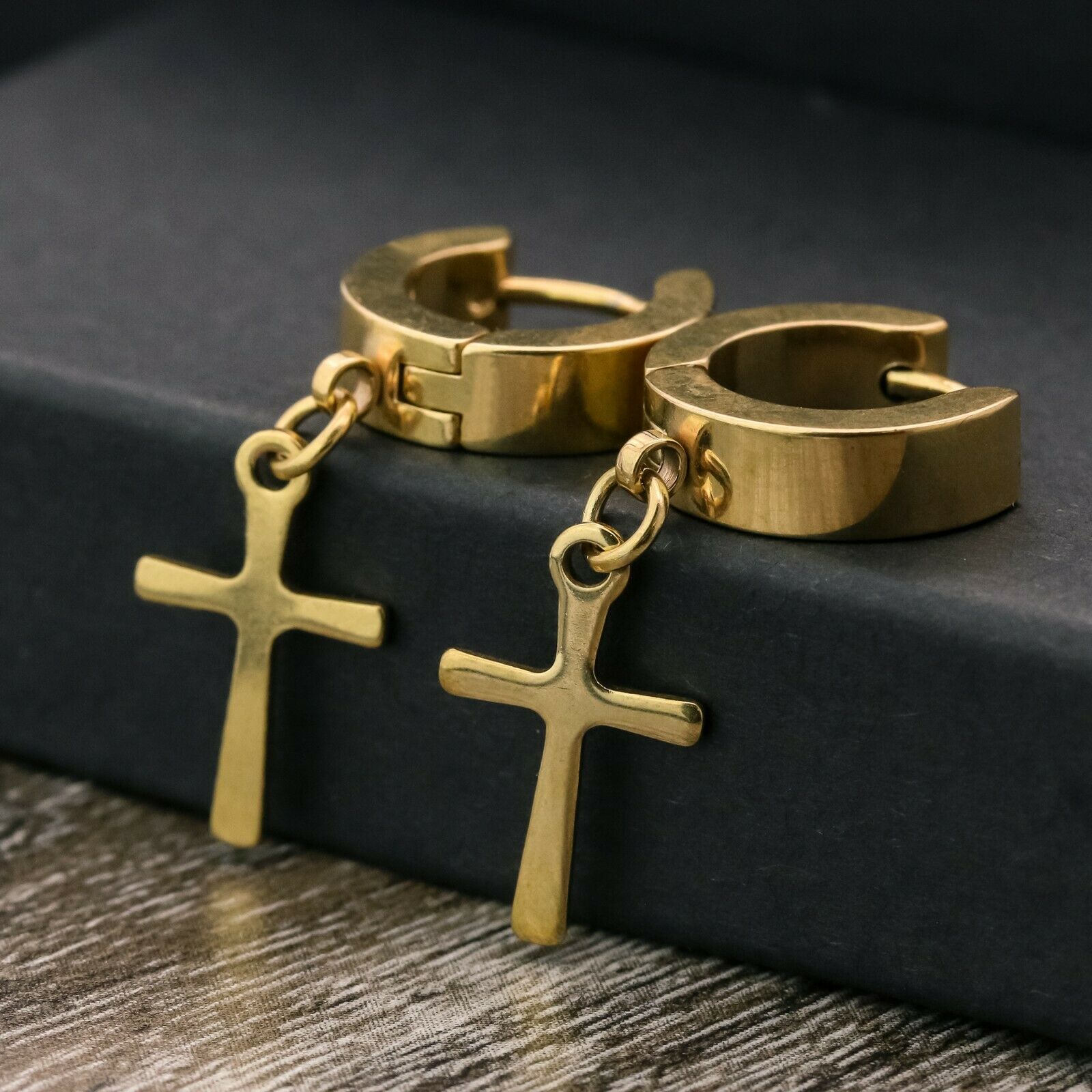 Small Cross Dangle 18k Gold Stainless Steel Plain Earring