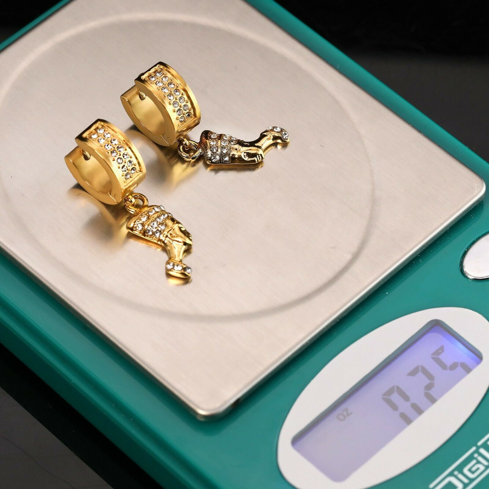 Cubic-Zirconia Gold Stainless Steal 2 Row Nefertiti Egypt HuggieHoop Earrings
