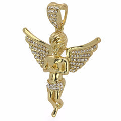 Gold Angel Necklace with Iced-Out CZ Stones & 30" 10mm Cuban Chain – 14K Gold-Plated Hip Hop Pendant