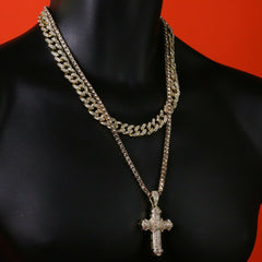 3pc Men's Gold Plated Cz Thick Staple X Cross w/ Cz Cuban & Thin Tennis Chain 22"/24