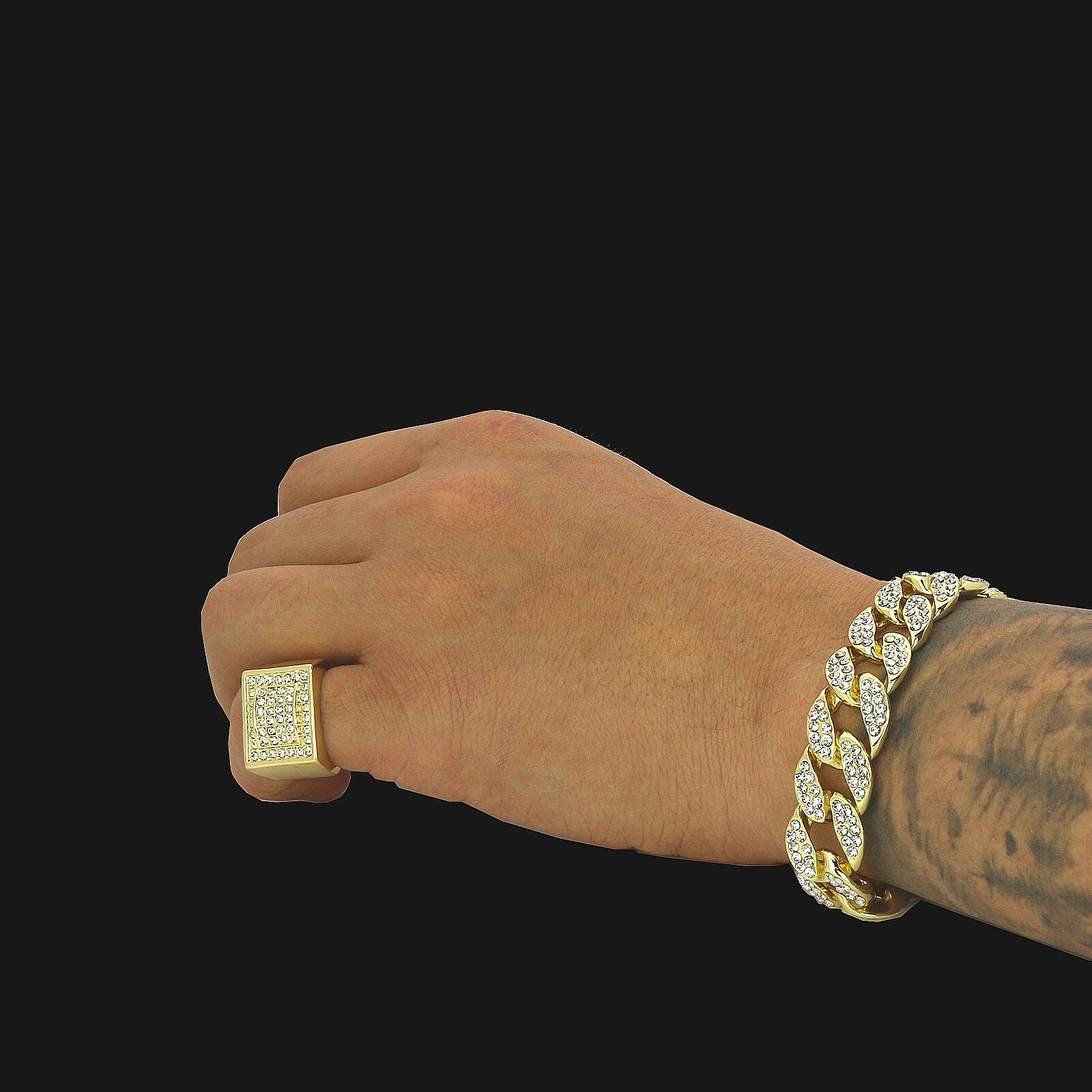 14k Gold Plated 2pc Bracelet Miami Cuban & Fully CZ Dome Ring