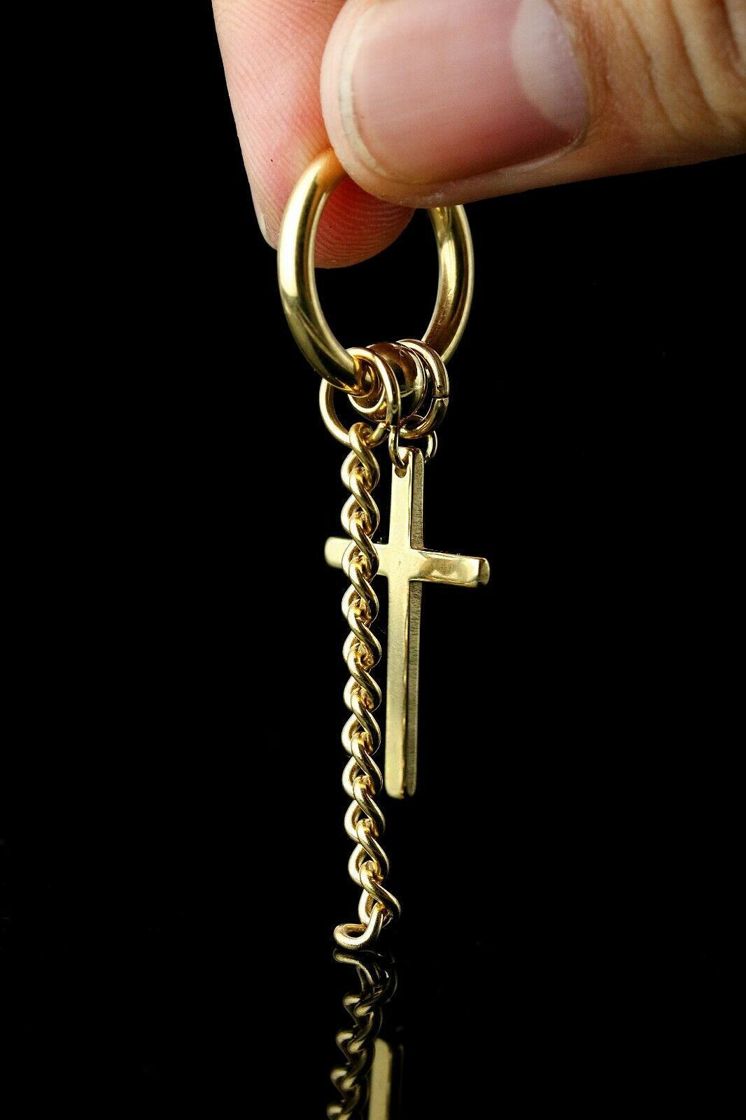Cross Dangle/Cuban 18k Gold Stainless Steel Plain Earring