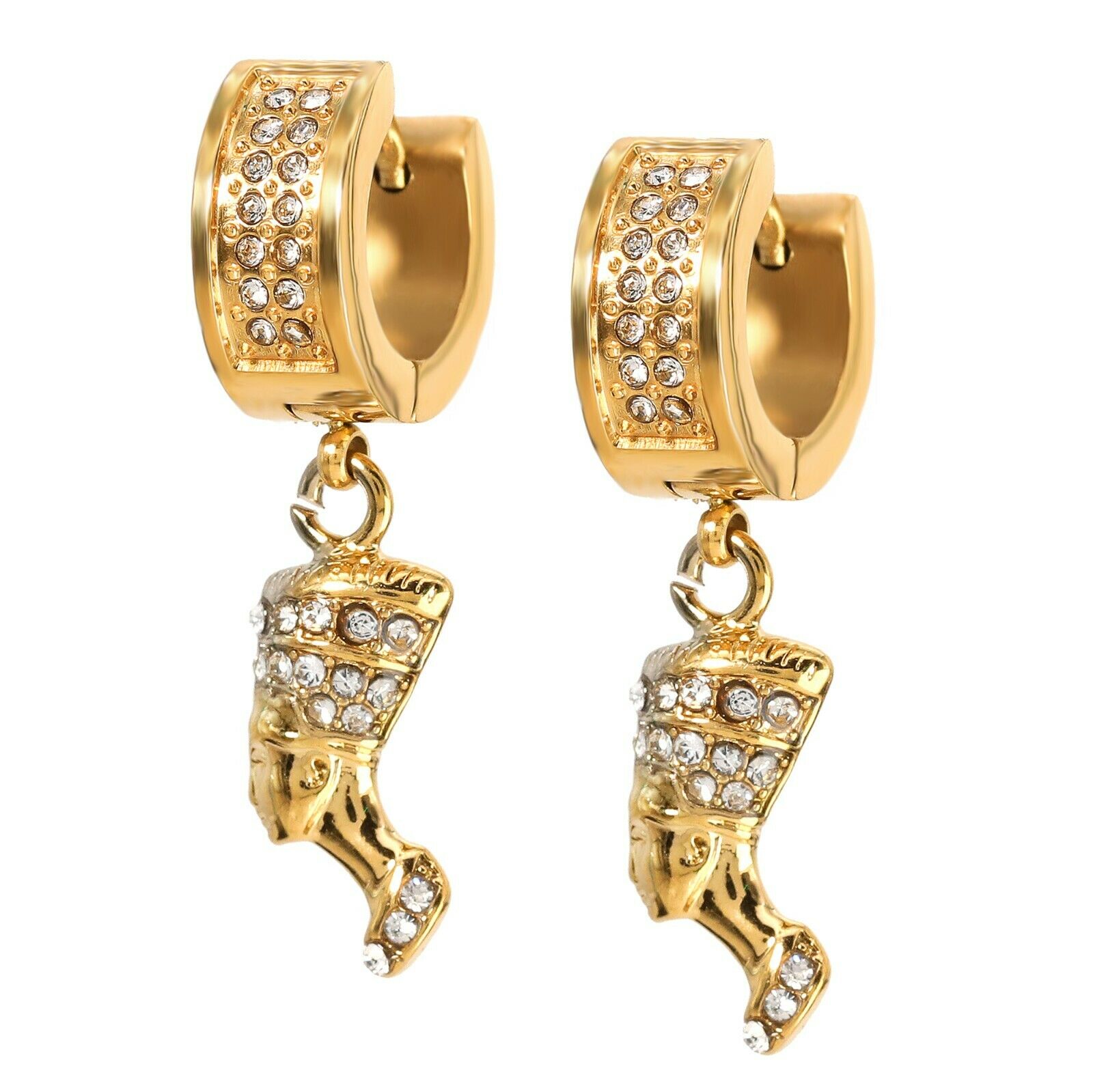 Cubic-Zirconia Gold Stainless Steal 2 Row Nefertiti Egypt HuggieHoop Earrings