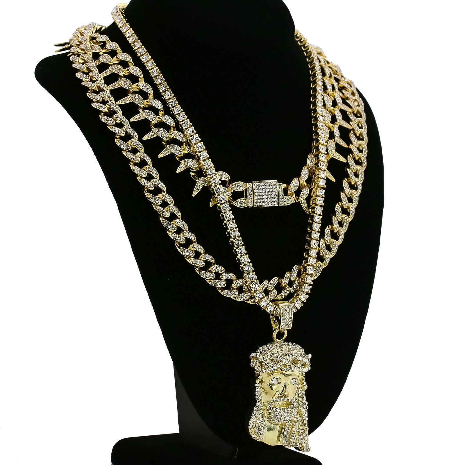 Crown Jesus Piece Cz 4 Pcs Set Exotic Cuban, Tennis & Miami Cuban Chain Bundle Gold PT