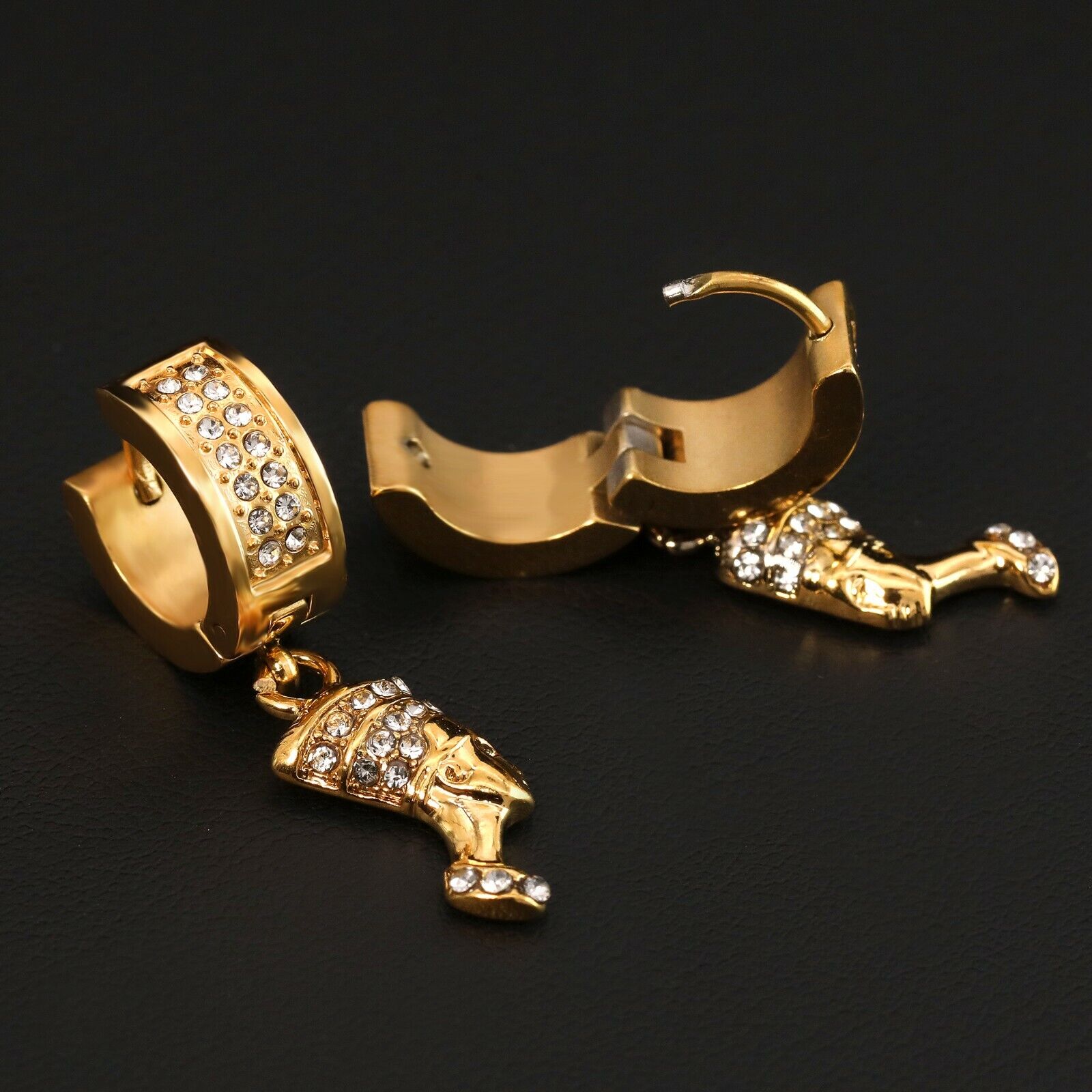 Cubic-Zirconia Gold Stainless Steal 2 Row Nefertiti Egypt HuggieHoop Earrings
