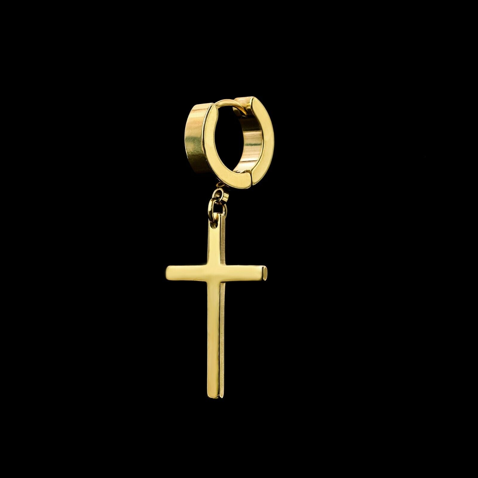Medium Cross Dangle 18k Gold Stainless Steel Plain Earring