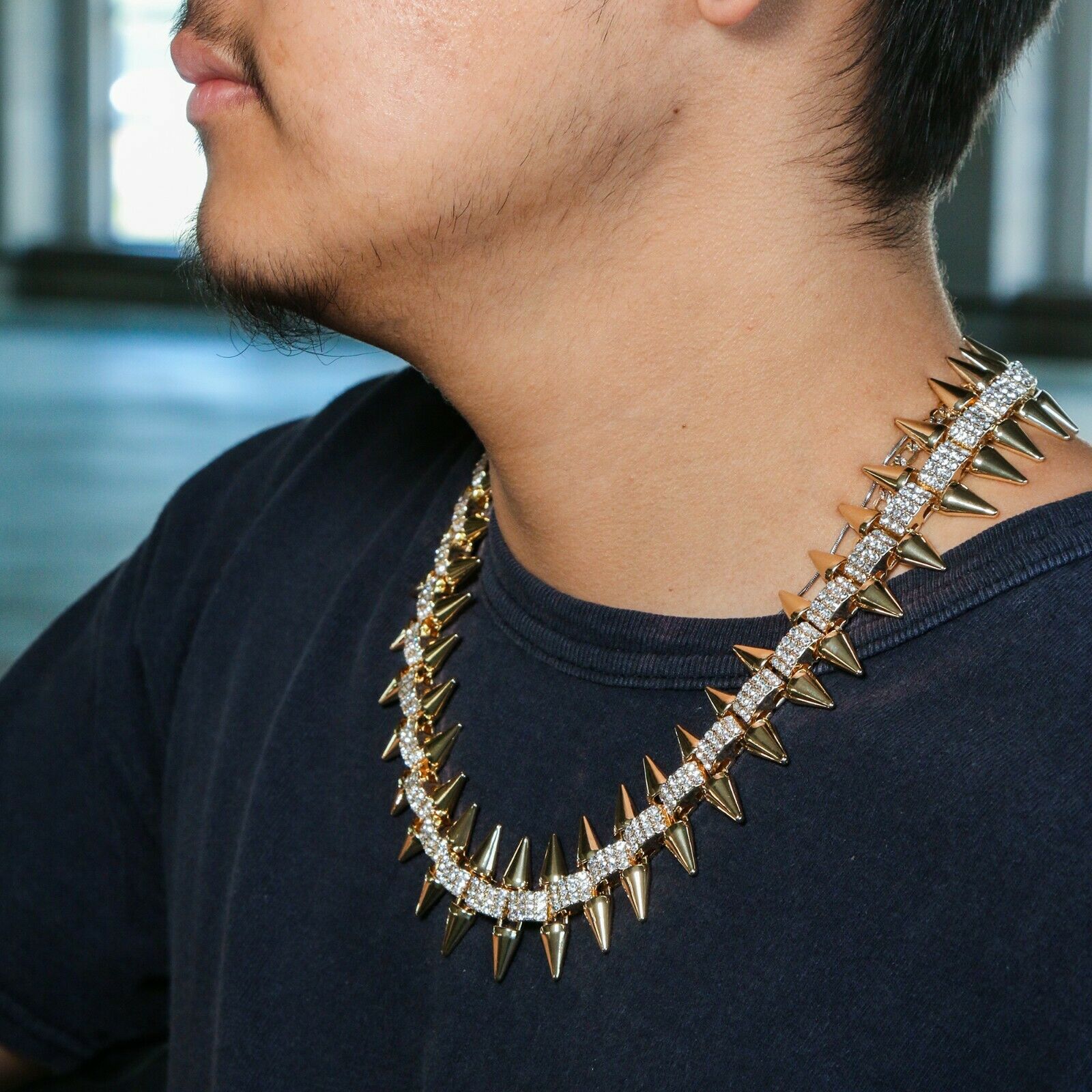 High Fashion Gold Plated AAA Spiky Chain Tennis Chains & Cz "NO CAP" Pendant
