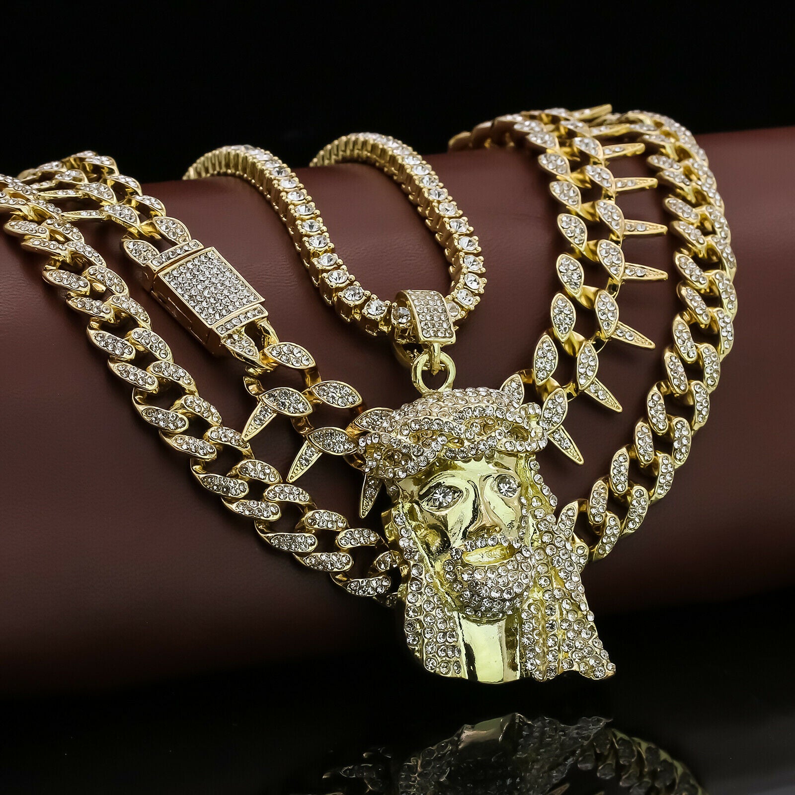 Crown Jesus Piece Cz 4 Pcs Set Exotic Cuban, Tennis & Miami Cuban Chain Bundle Gold PT