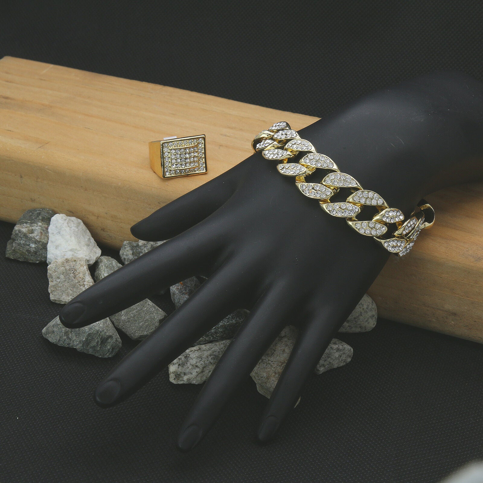 14k Gold Plated 2pc Bracelet Miami Cuban & Fully CZ Dome Ring