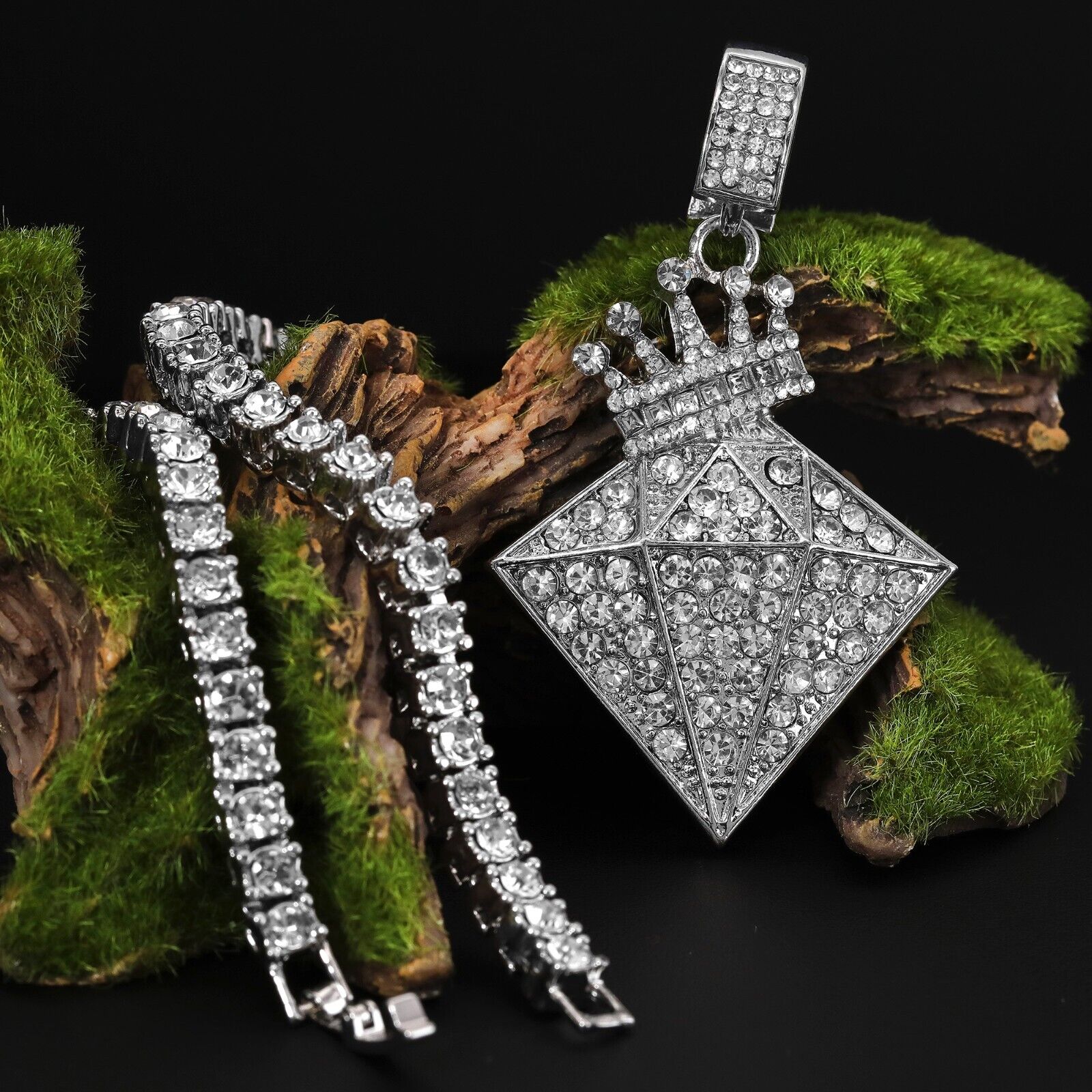 Cubic-Zirconia Crown Diamond Pendant Silver Plated Two Tennis 18", 20" Chain
