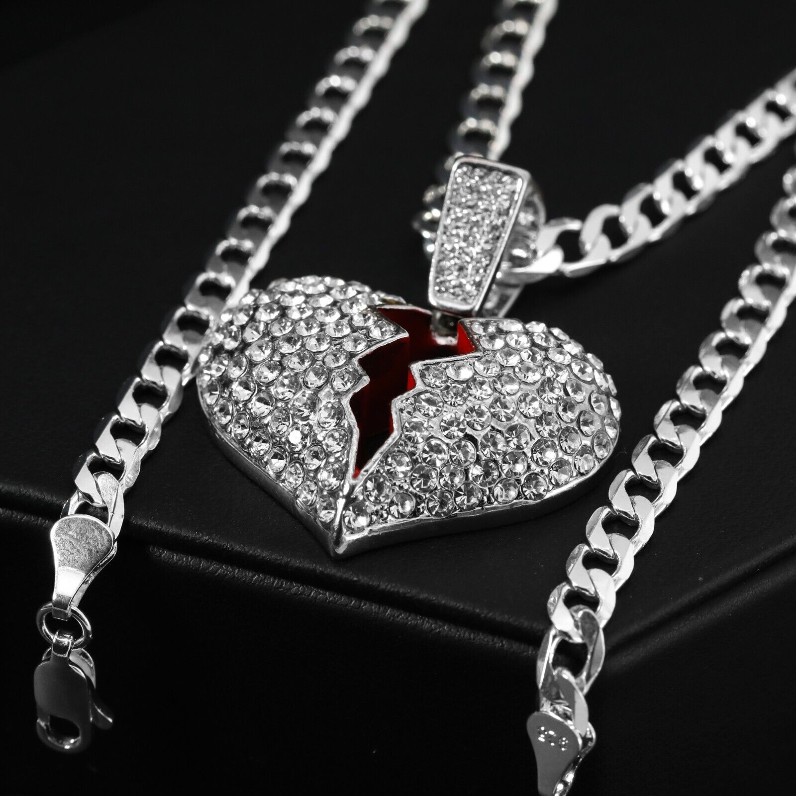 Cubic-Zirconia Broken Heart Pendant Silver Plated Cuban Choker 18" Chain
