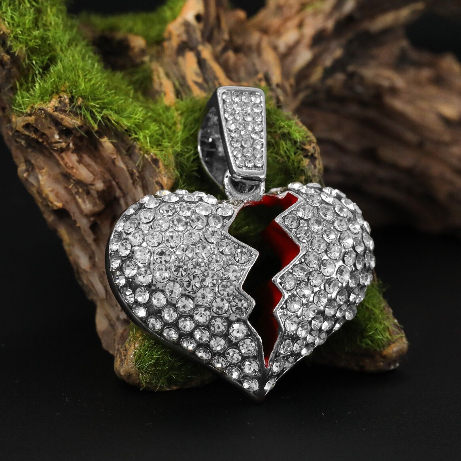 Cubic-Zirconia Broken Heart Pendant Silver Plated Cuban Choker 18" Chain