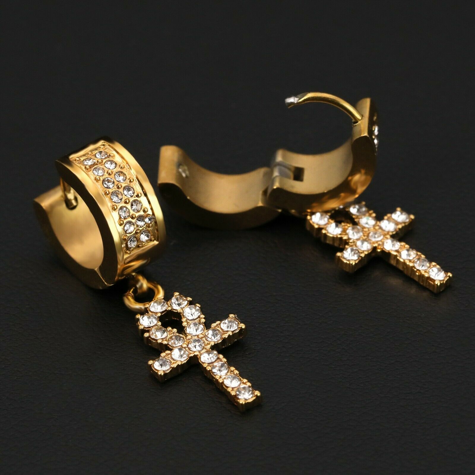 Cubic-Zirconia Gold Stainless Steal 2 Row Ankh Huggie Hoop Dangle Earrings