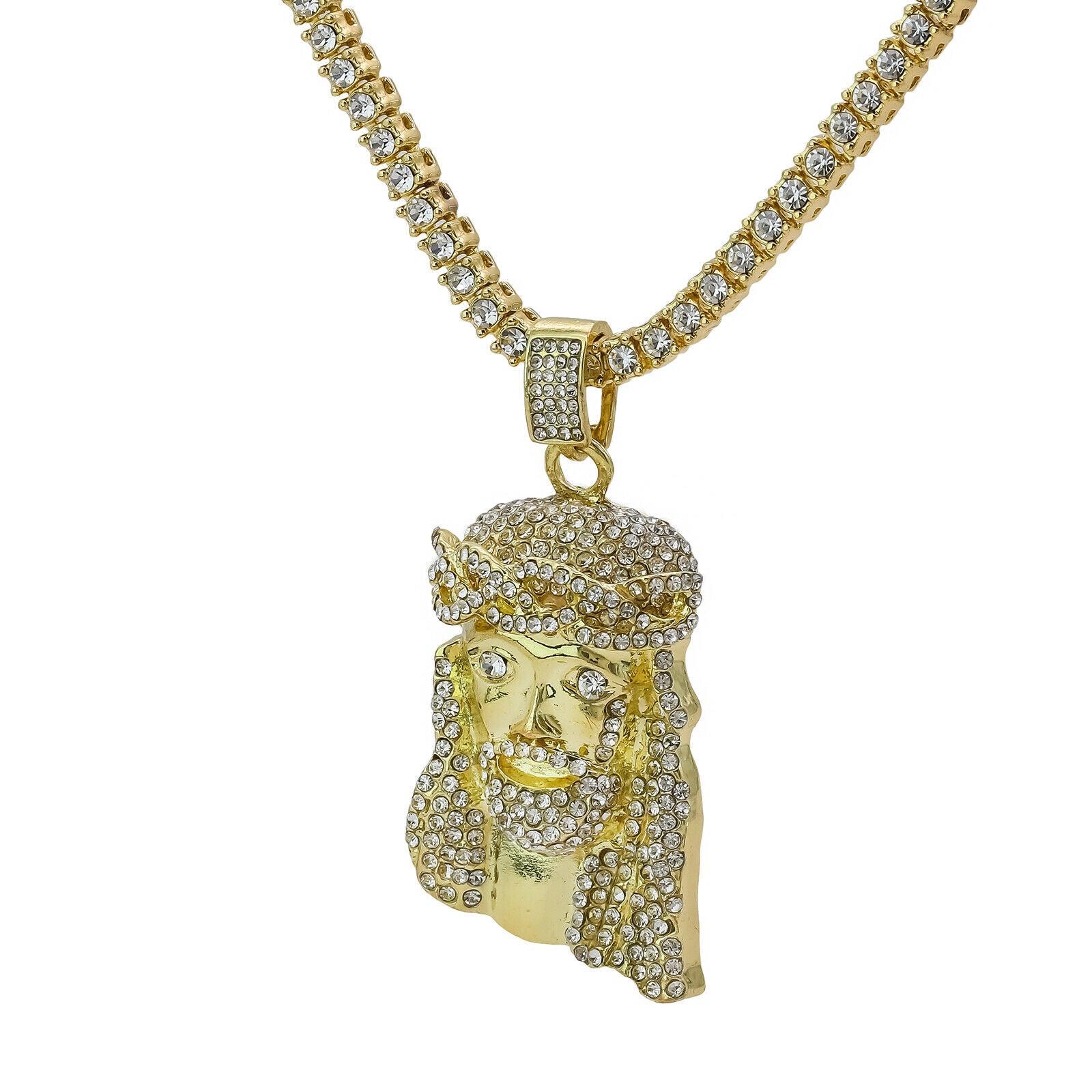 Crown Jesus Piece Cz 4 Pcs Set Exotic Cuban, Tennis & Miami Cuban Chain Bundle Gold PT