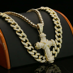 3pc Men's Gold Plated Cz Thick Staple X Cross w/ Cz Cuban & Thin Tennis Chain 22"/24