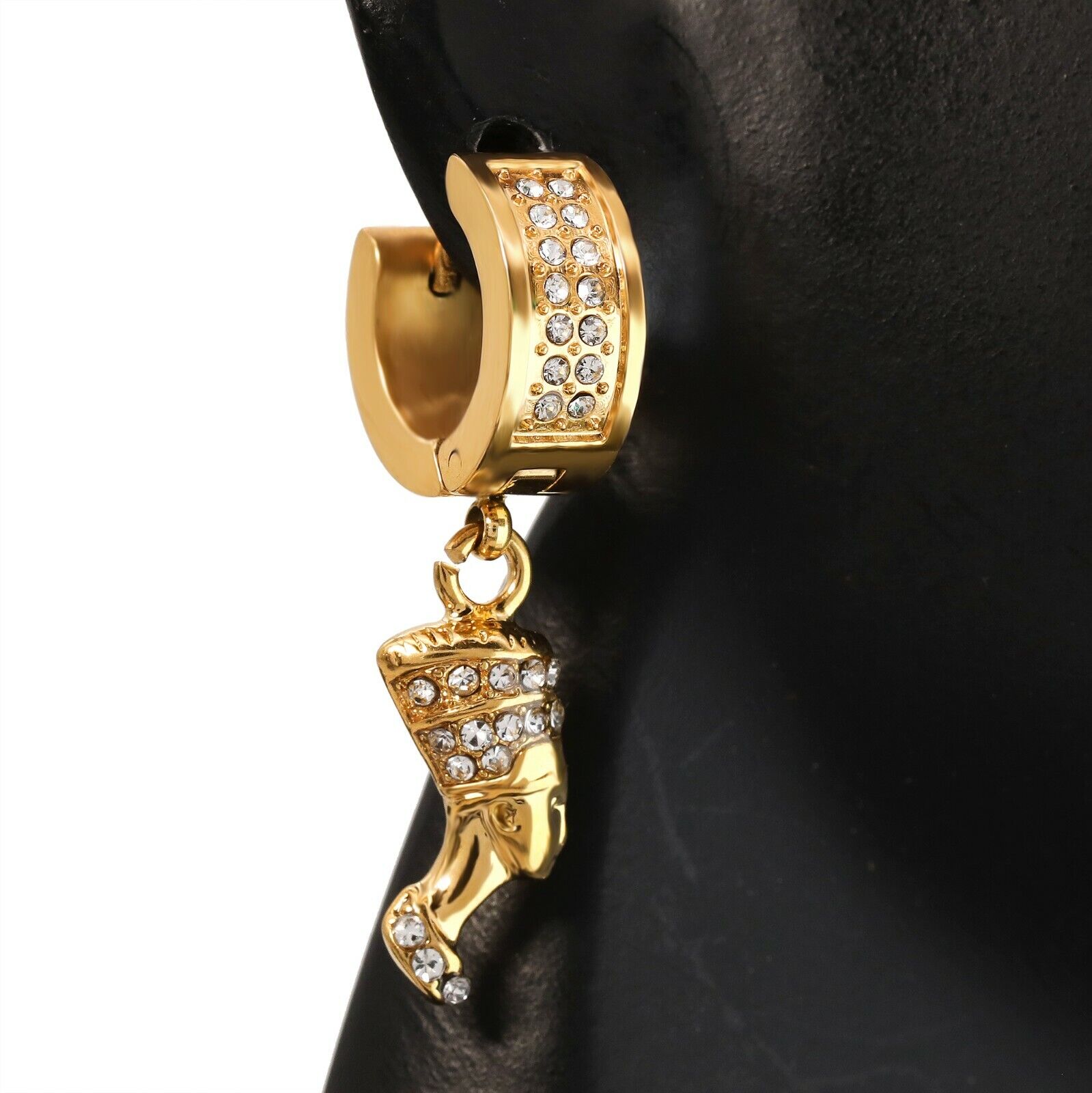 Cubic-Zirconia Gold Stainless Steal 2 Row Nefertiti Egypt HuggieHoop Earrings