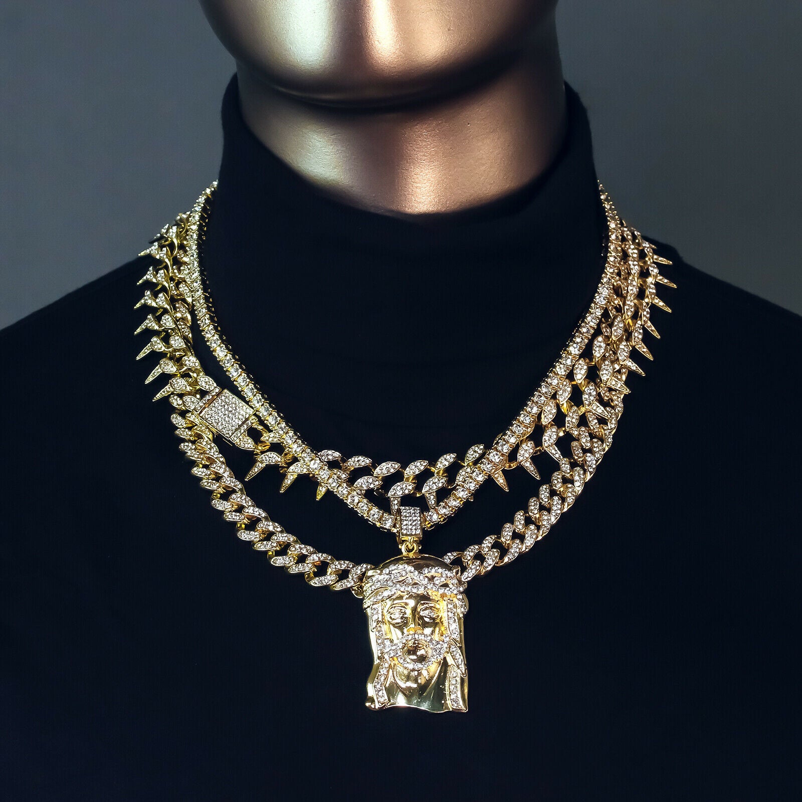Jesus Piece Cz 4 Pcs Set Exotic Cuban, Tennis & Miami Cuban Chain Bundle Gold PT