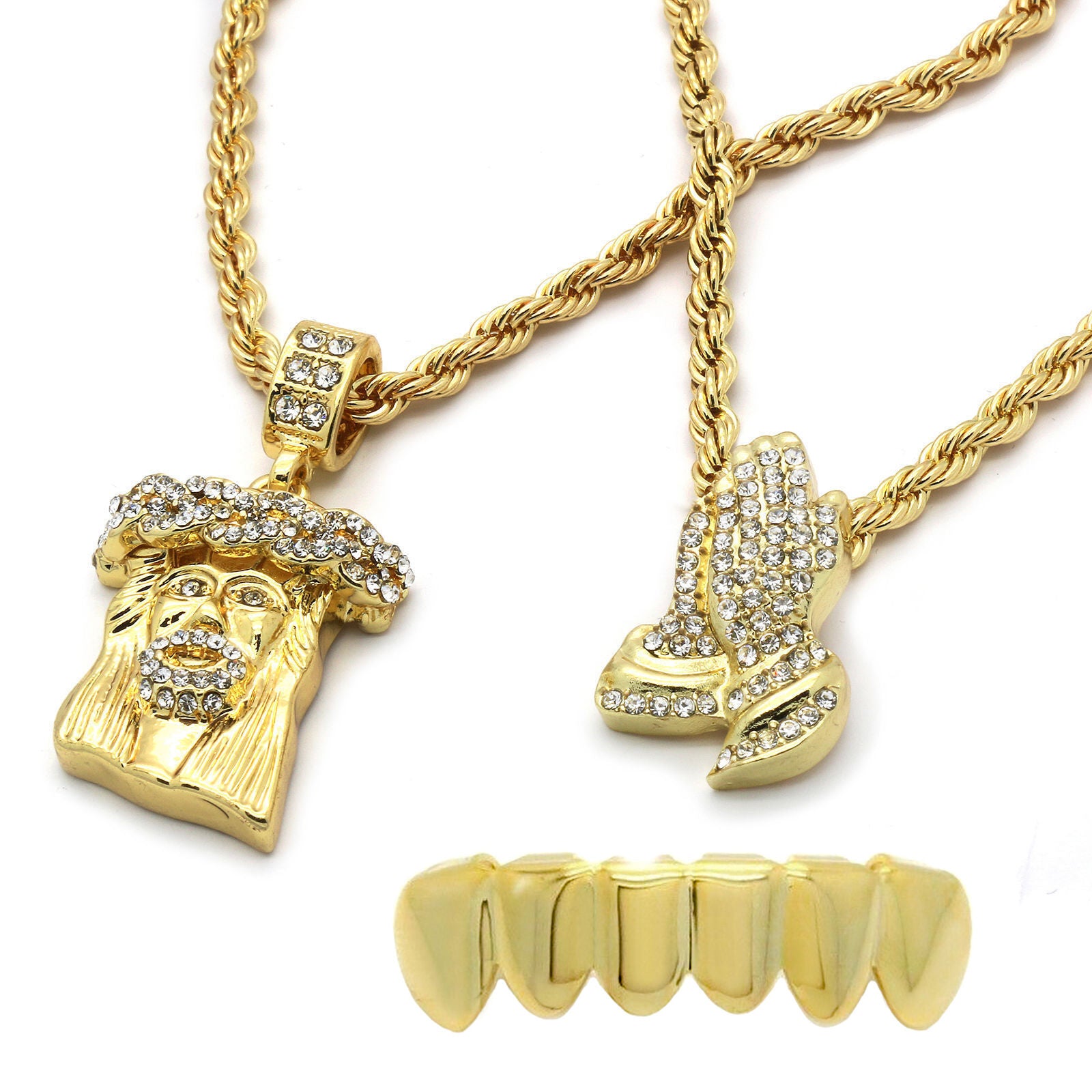 JESUS & PRAYER HAND PENDANT / FREE BOTTOM GRILLZ