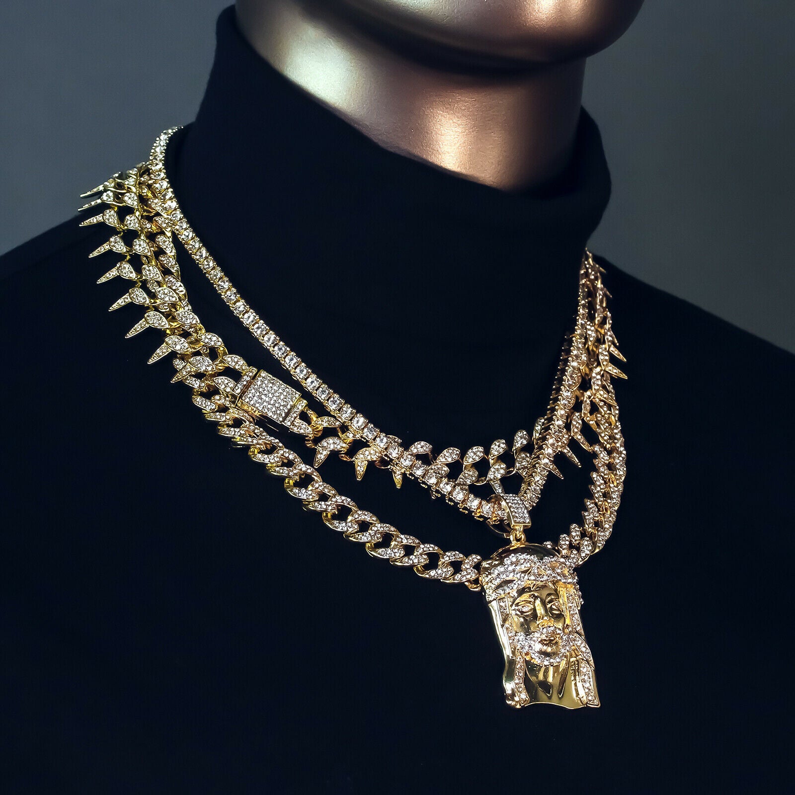 Jesus Piece Cz 4 Pcs Set Exotic Cuban, Tennis & Miami Cuban Chain Bundle Gold PT