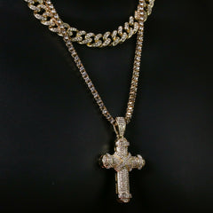 3pc Men's Gold Plated Cz Thick Staple X Cross w/ Cz Cuban & Thin Tennis Chain 22"/24