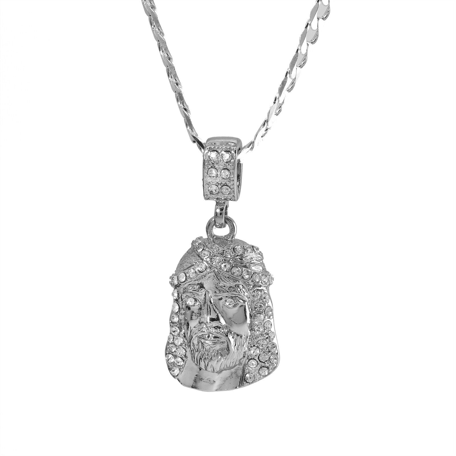 Cubic-Zirconia Jesus Face Pendant Silver Plated Cuban Choker 18" Chain