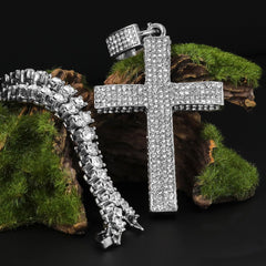 Fully Cubic-Zirconia 3D Cross Pendant Silver Plated ICED Two Tennis 18", 20" Chain