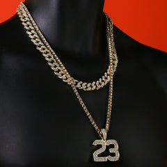 3pc Men's Gold Plated Cz Thick Layer 23 w/ Cz Cuban & Thin Tennis Chain 22"/24