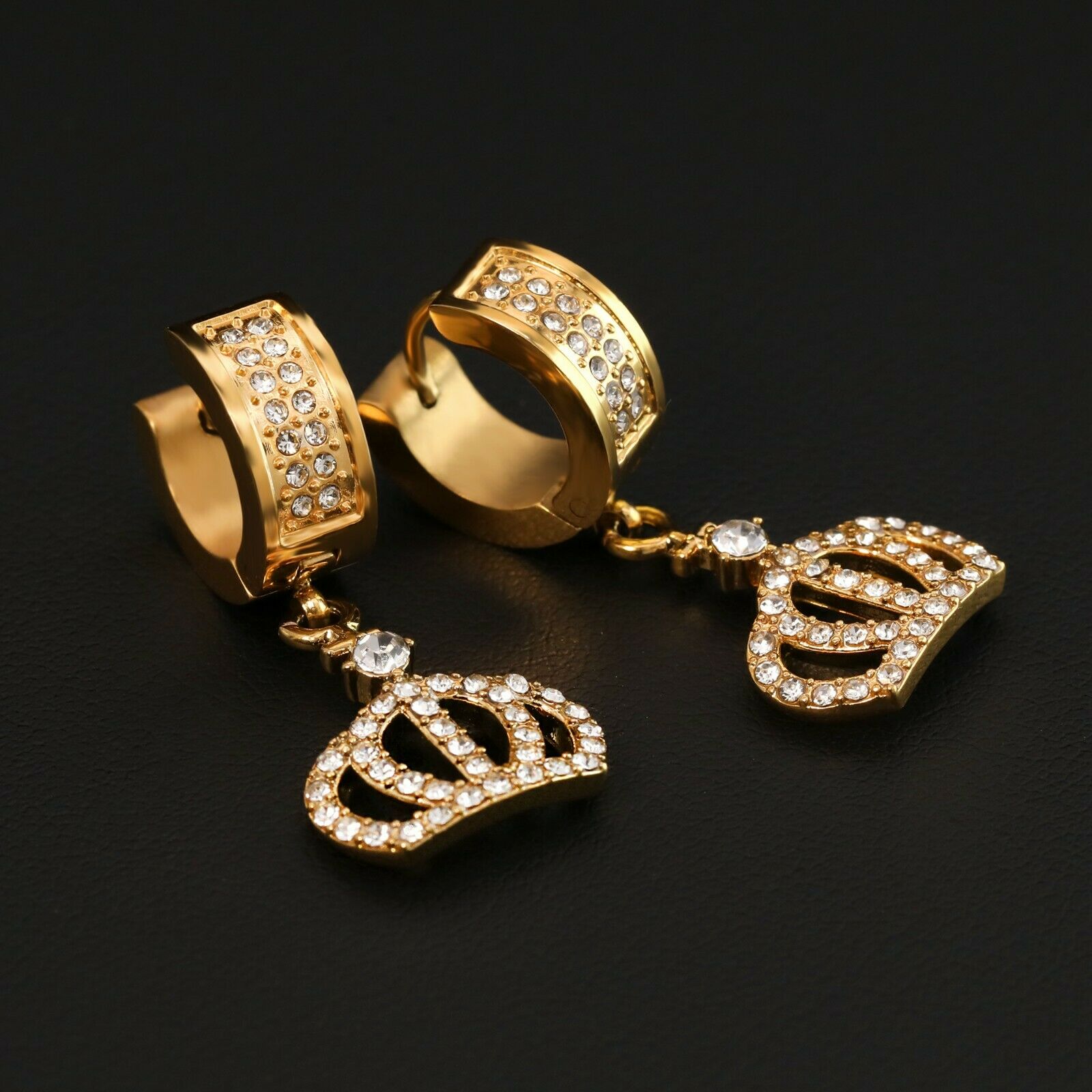 Mens Cubic-Zirconia Gold Stainless Steal 2 Row Queen Crown HuggieHoop Earrings