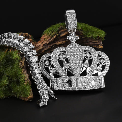 Cubic-Zirconia King Crown Pendant Silver Plated ICED Two Tennis 18", 20" Chain