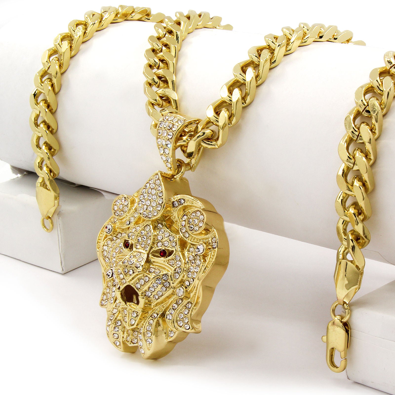 Gold Lion Pendant Necklace – 10mm Miami Cuban Link Chain (30")