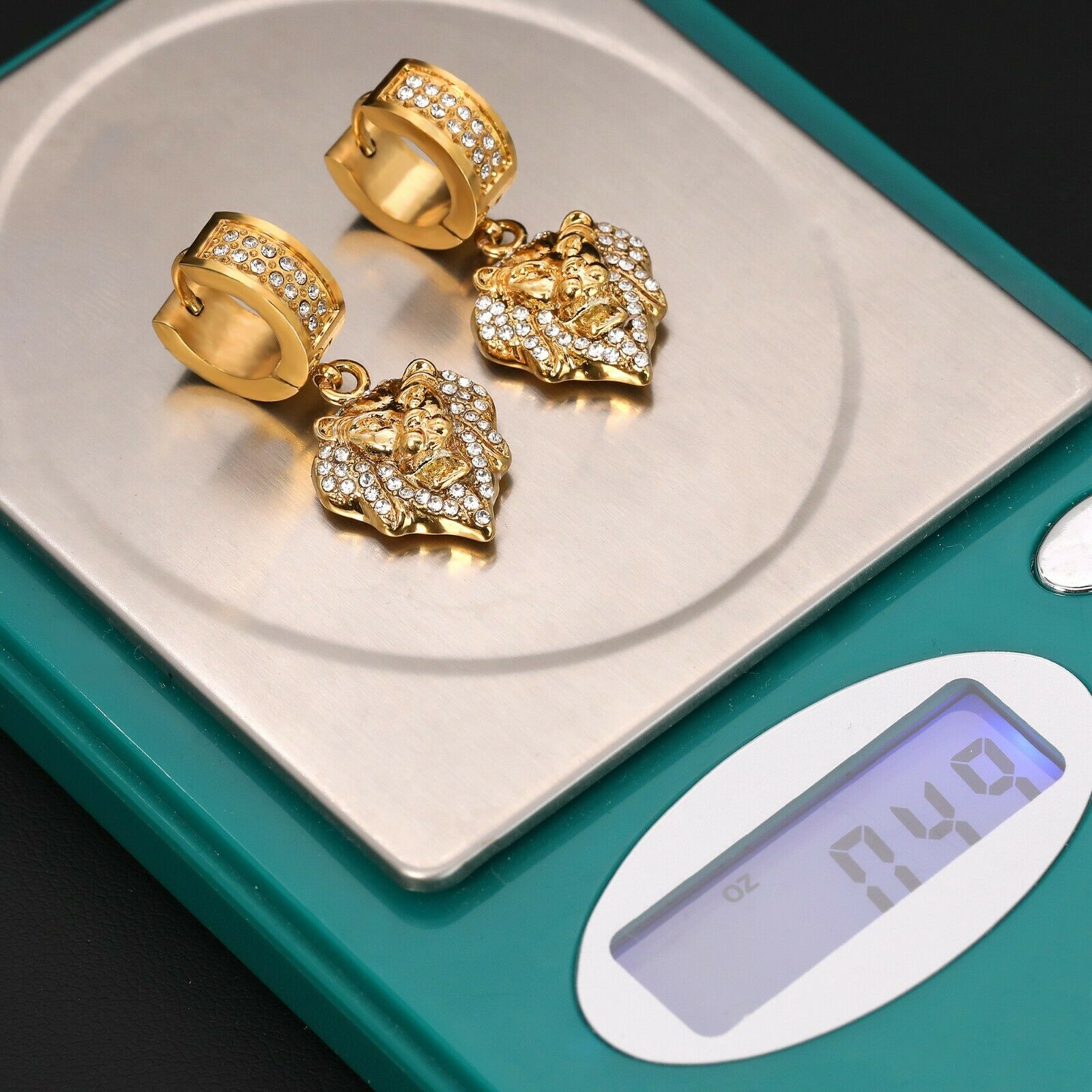Cubic-Zirconia Gold Stainless Steal 2 Row Lion Head Huggie Hoop Dangle Earrings