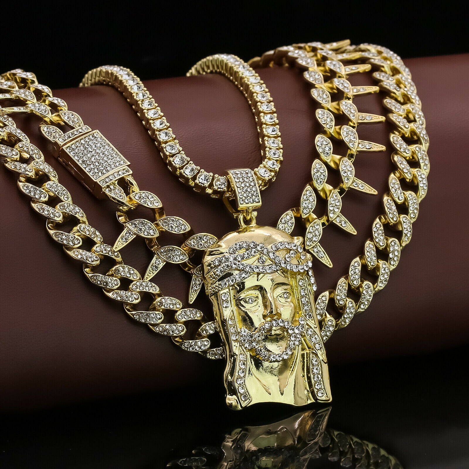 Jesus Piece Cz 4 Pcs Set Exotic Cuban, Tennis & Miami Cuban Chain Bundle Gold PT
