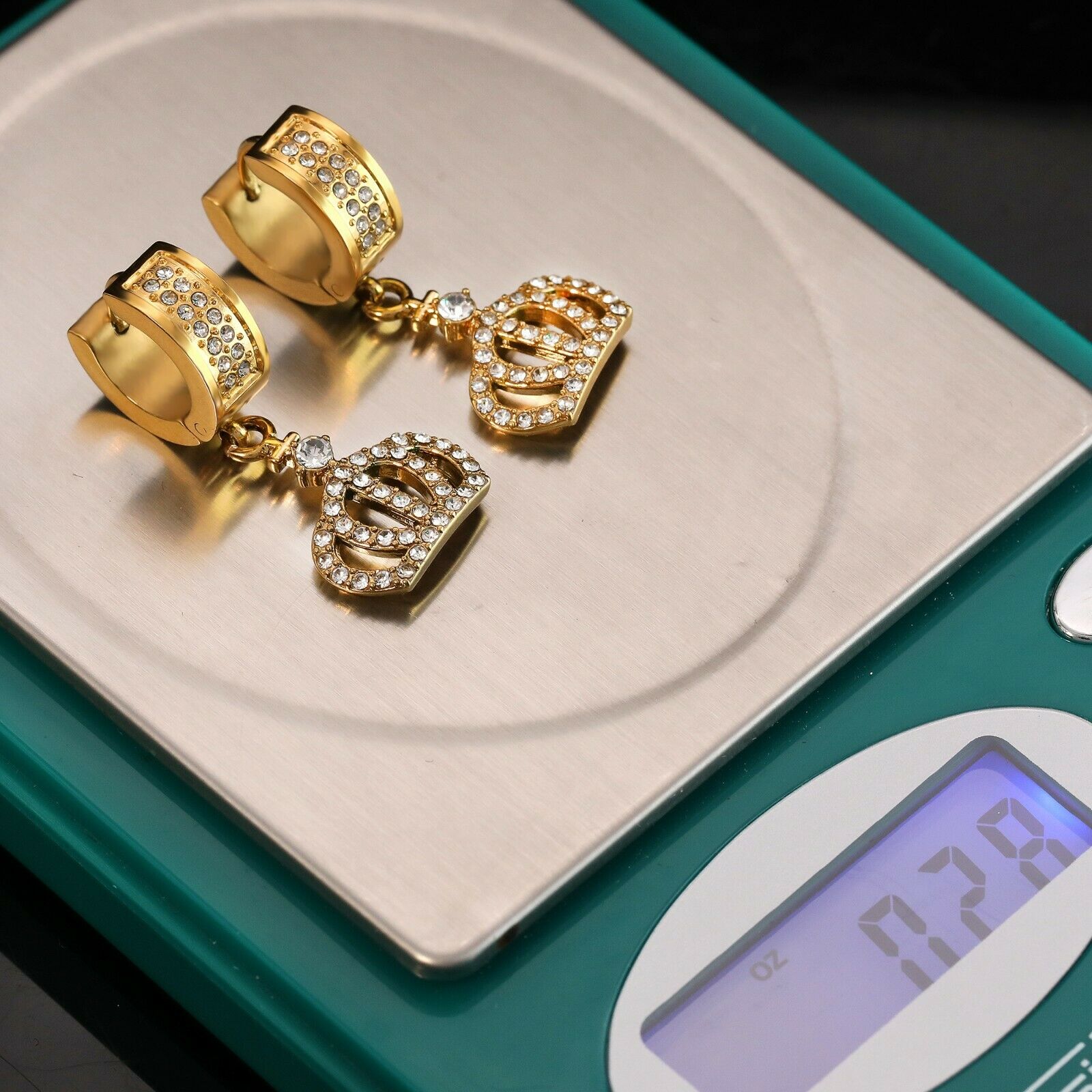 Mens Cubic-Zirconia Gold Stainless Steal 2 Row Queen Crown HuggieHoop Earrings