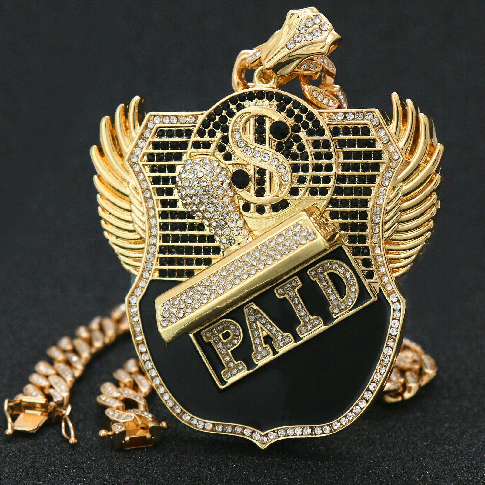 4PC Set – Paid Stamp Pendant with Gold CZ Cuban, Tennis & Rope Chains