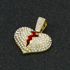 Gold Plated Broken Heart 24" Rope Chain/Stainless Steel Huggie Hoop Thin Earrings Set