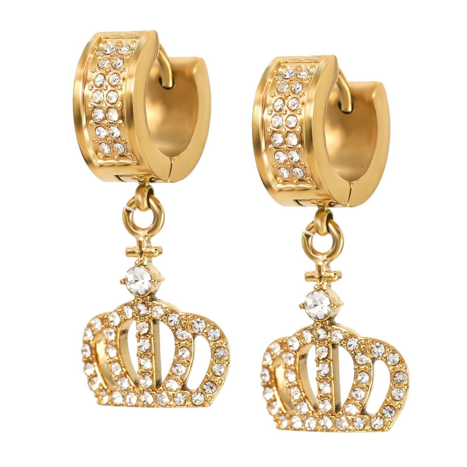 Mens Cubic-Zirconia Gold Stainless Steal 2 Row Queen Crown HuggieHoop Earrings