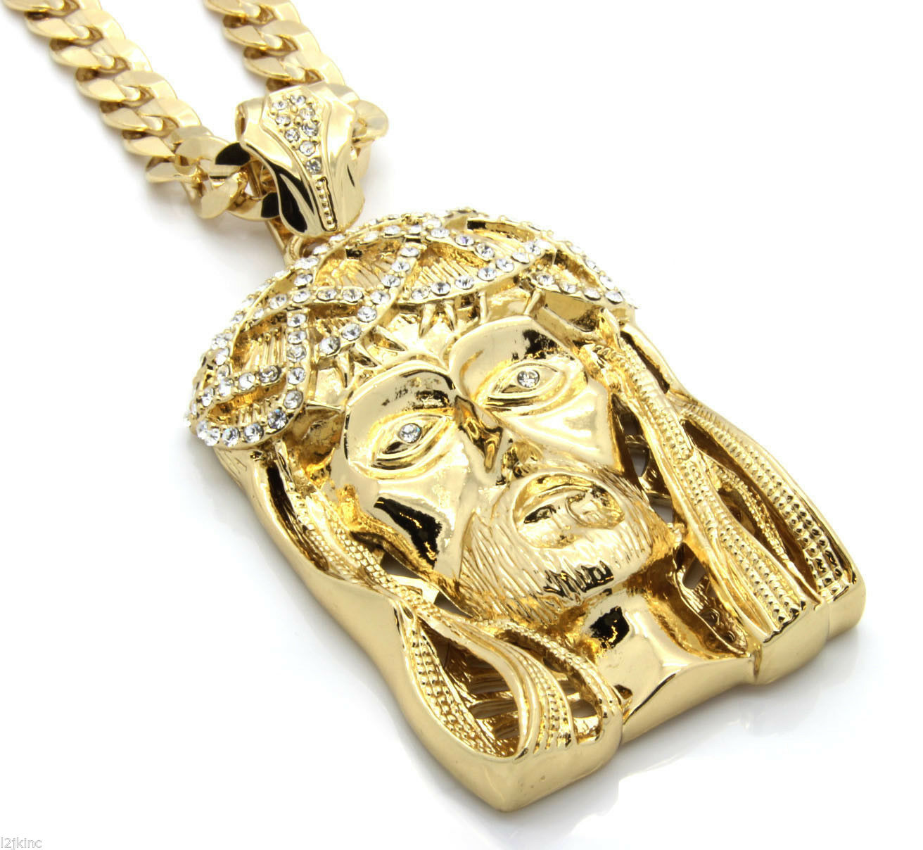 Jesus Face Crown 4 Pcs Set Clear Cz Cuban, Tennis & Rope Chain Bundle Gold PT